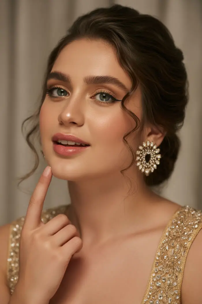 Soft Glam Bridal Makeup with Nude Glossy Lips and Golden Glow