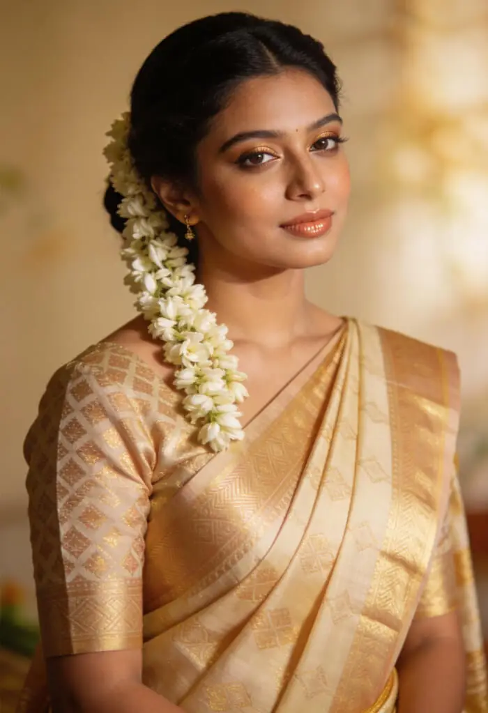 Golden Traditional South Indian Bridal Makeup Look with Jasmine Hair