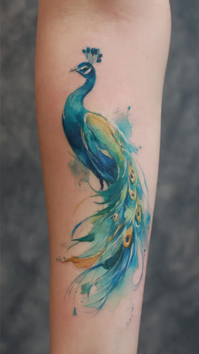 Watercolor Peacock Tattoo Design on Forearm – Elegant & Artistic Ink