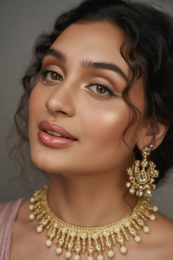 Soft Gold Shimmer Bridal Indian Makeup Look with Dewy Glow