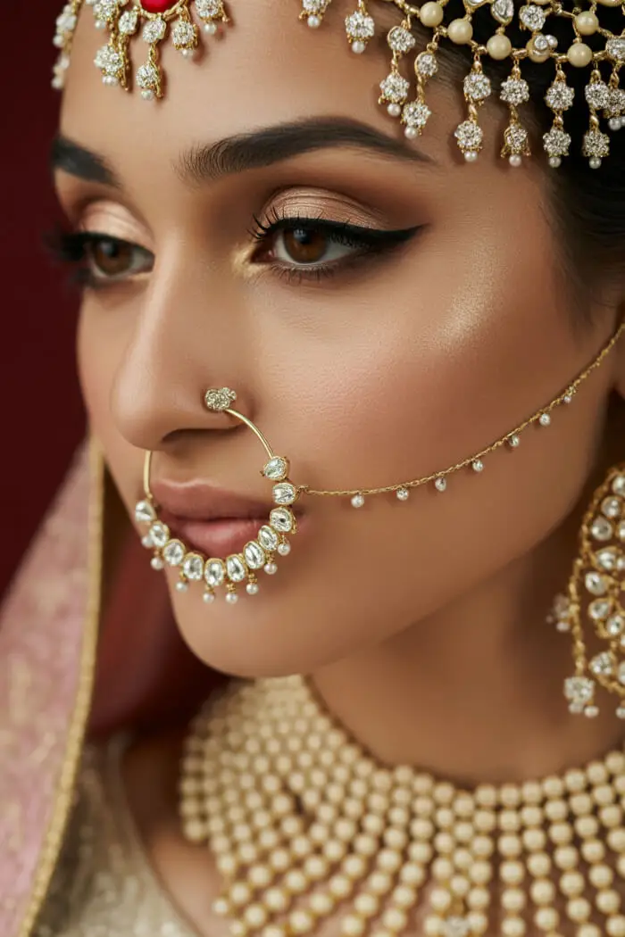 Royal Gold Bridal Makeup Look with Traditional Maharashtrian Nath & Kundan Jewelry