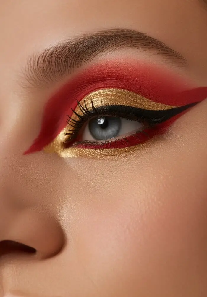 Bold Red & Gold Cut Crease Eye Makeup Look