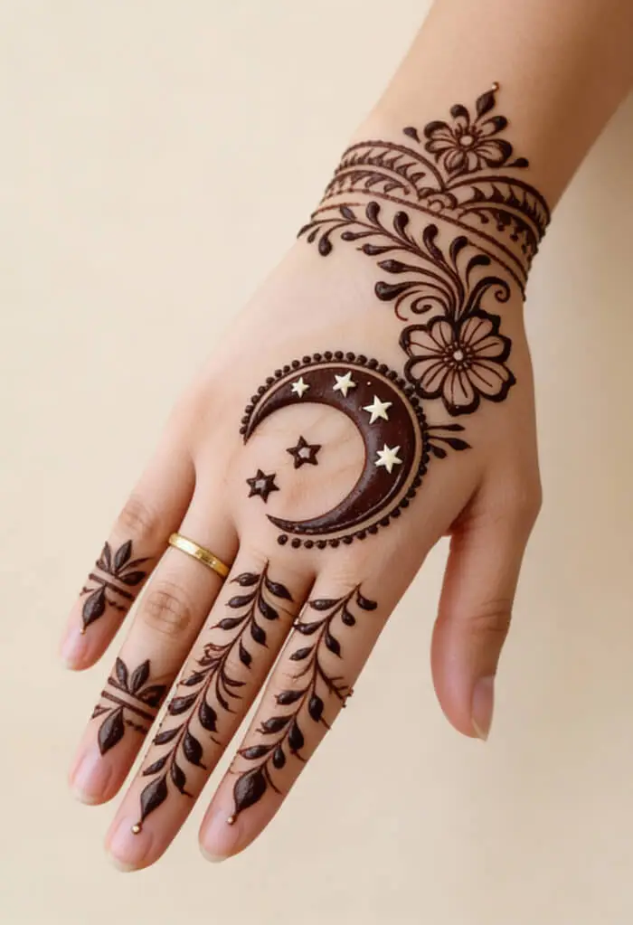 Moon & Stars Mehndi Design for Hand | Elegant Floral Henna Art