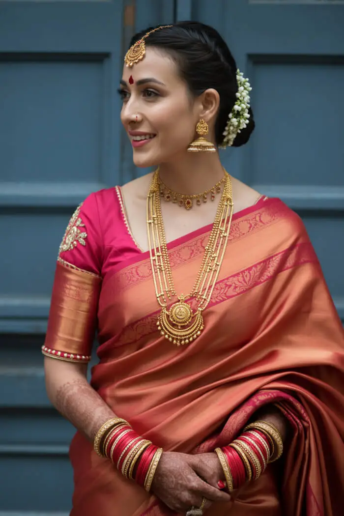Traditional Maharashtrian Bridal Makeup Look with Gold Temple Jewellery
