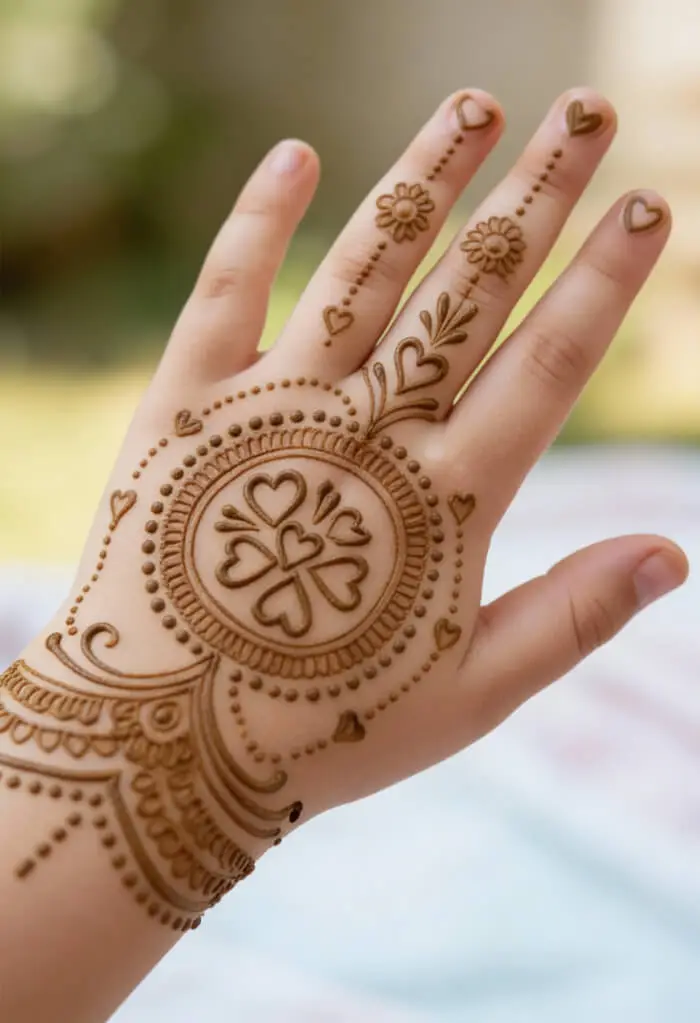 Cute Heart Mandala Mehndi Design for Back Hand