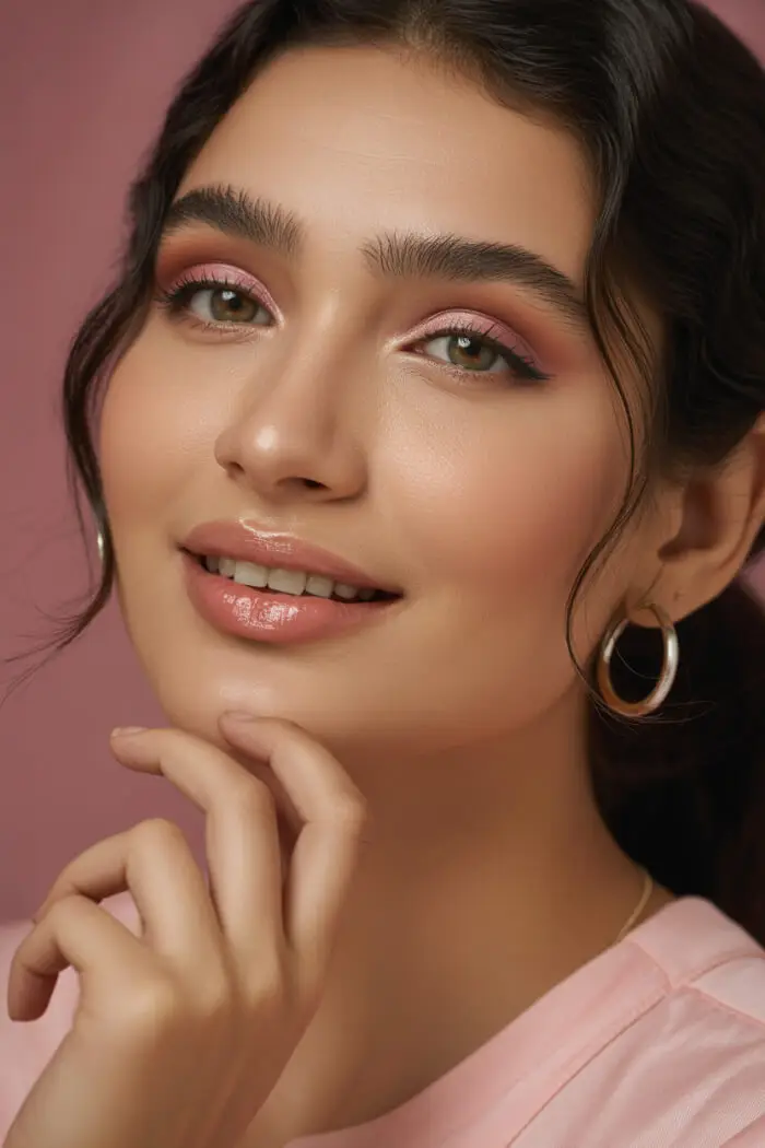 Soft Pink Glam Makeup Look with Shimmer Eyeshadow & Glossy Nude Lips