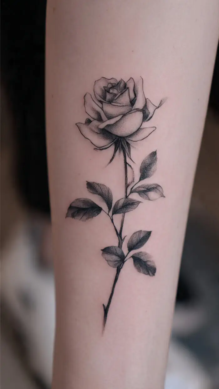 Minimalist Black Rose Tattoo Design on Forearm