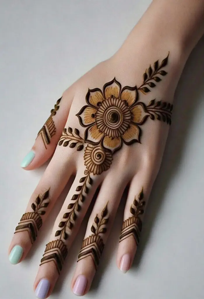 Elegant Floral Leaf Pattern Back Hand Mehndi Design for Modern Brides