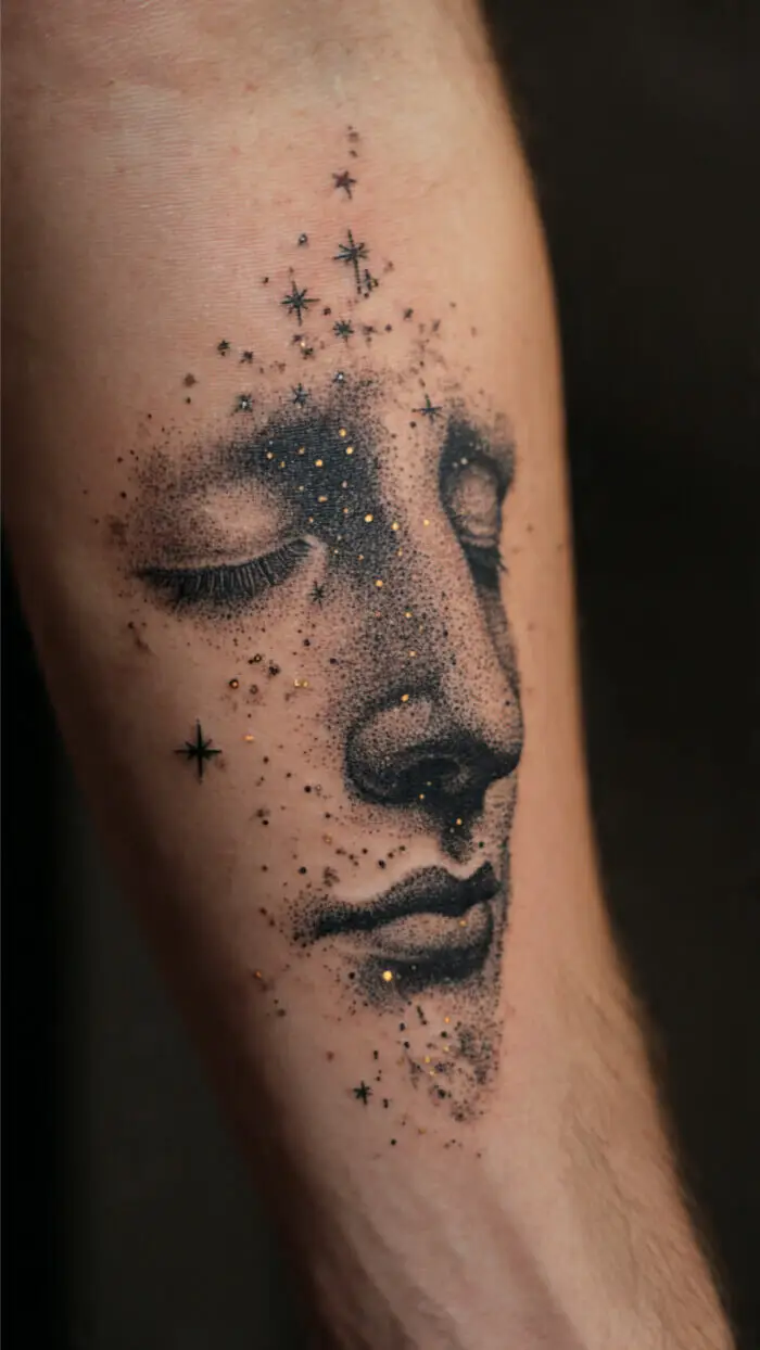 Celestial Face Tattoo Design with Stars & Dotwork Art