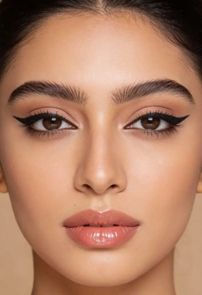 Classic Nude Glam Makeup with Sharp Winged Eyeliner and Glossy Lips