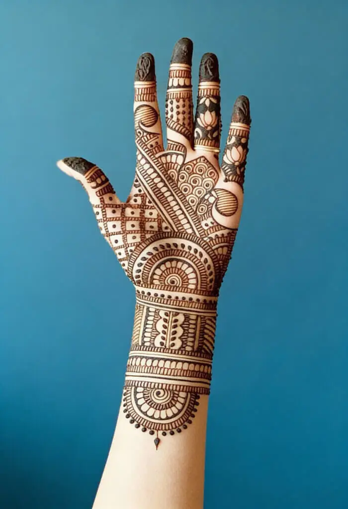Modern Geometric Full Palm Mehndi Design