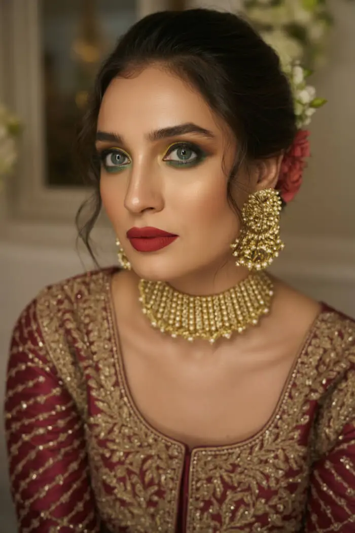 Stunning Green Smokey Eye Bridal Makeup with Gold Choker