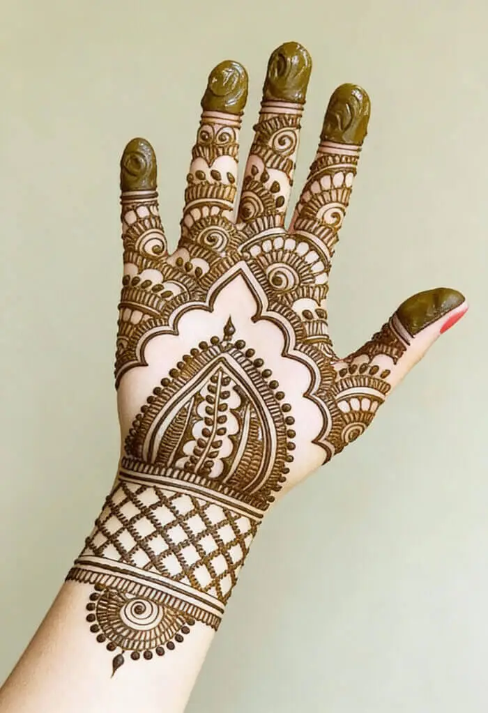 Elegant Traditional Palm Mehndi Design with Paisley & Net Pattern