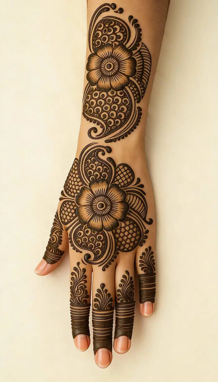 Bold Floral Back Hand Mehndi Design with Paisley Motifs