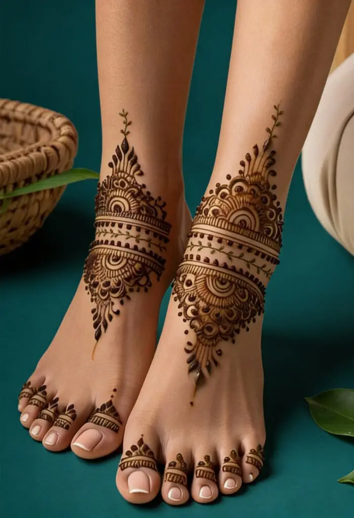 Elegant Bridal Foot Mehndi Design with Traditional Anklet Pattern