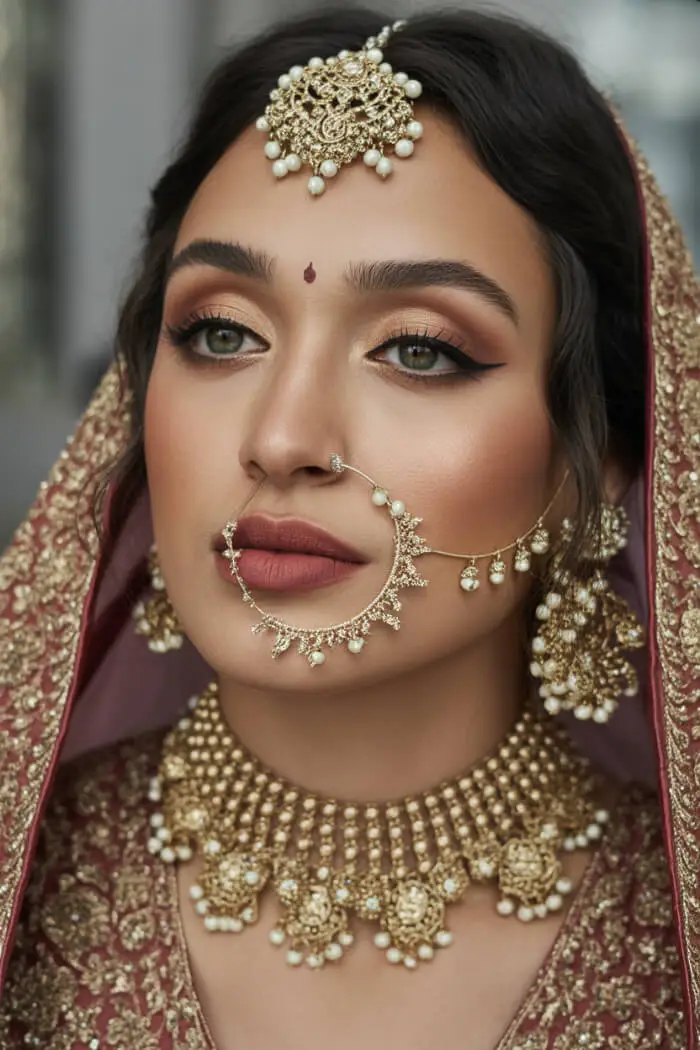 Classic Nude Indian Bridal Makeup Look with Gold Jewelry & Traditional Nath