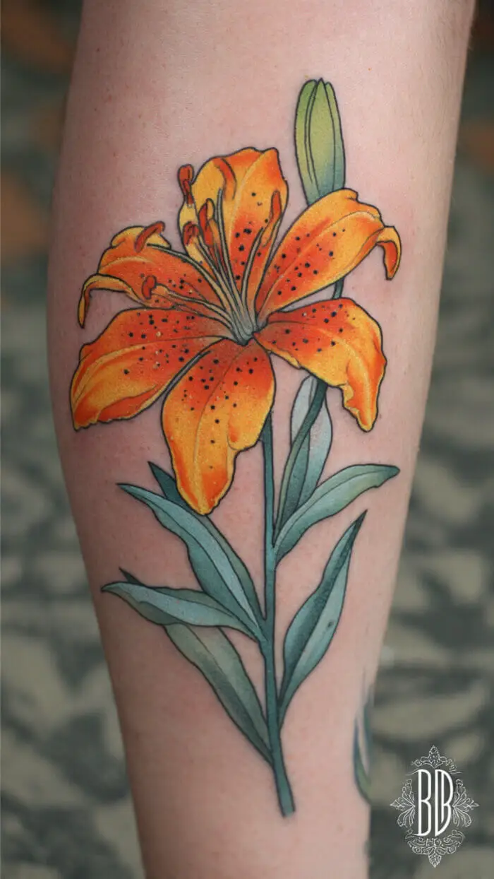 Orange Lily Flower Tattoo Design – Vibrant Botanical Leg Tattoo