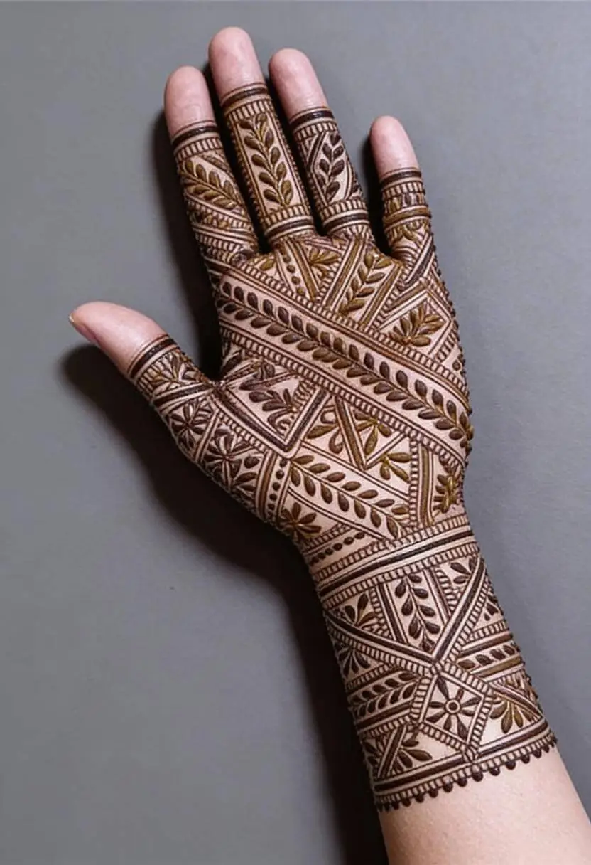 Geometric Full Hand Mehndi Design with Leaf Motifs