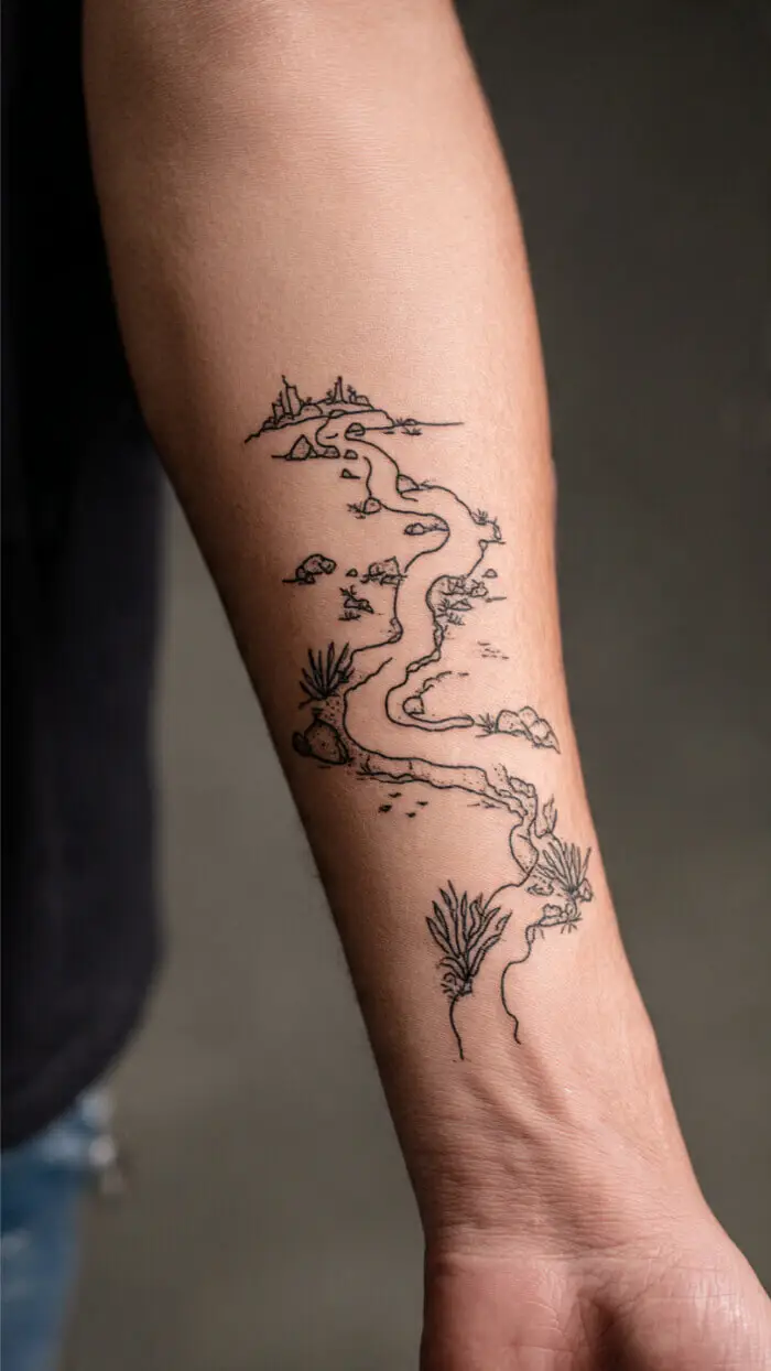 Minimalist Desert River Tattoo | Fine Line Nature Forearm Design