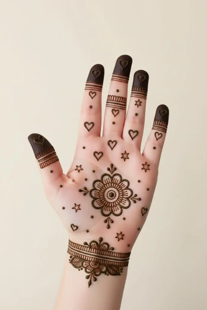 Simple Heart & Floral Mehndi Design for Front Hand