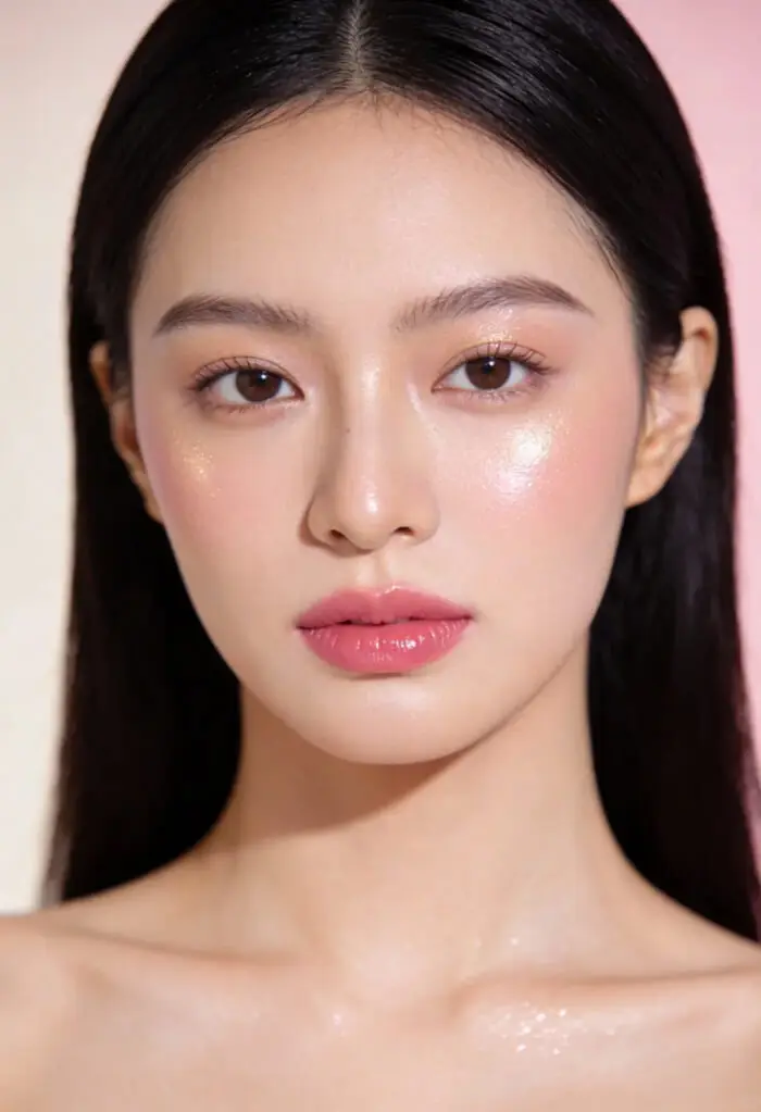 Dewy Glass Skin Makeup Look with Soft Peach Glow