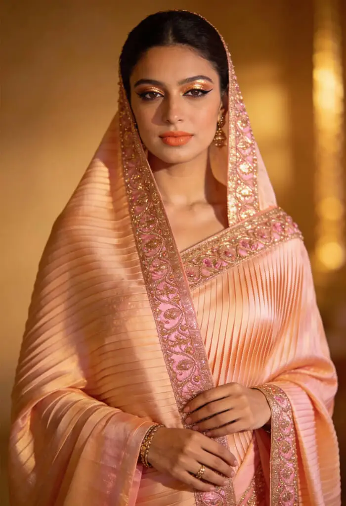 Elegant Peach Silk Saree Bridal Look with Gold Makeup