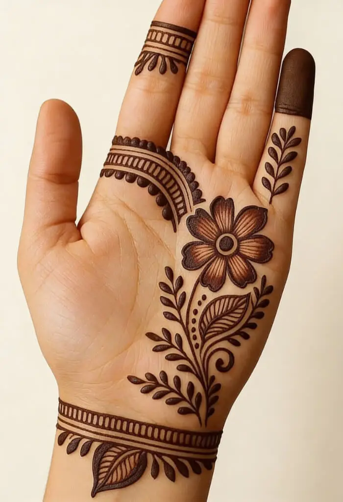 Simple Minimal Floral Finger Mehndi Design for Front Hand