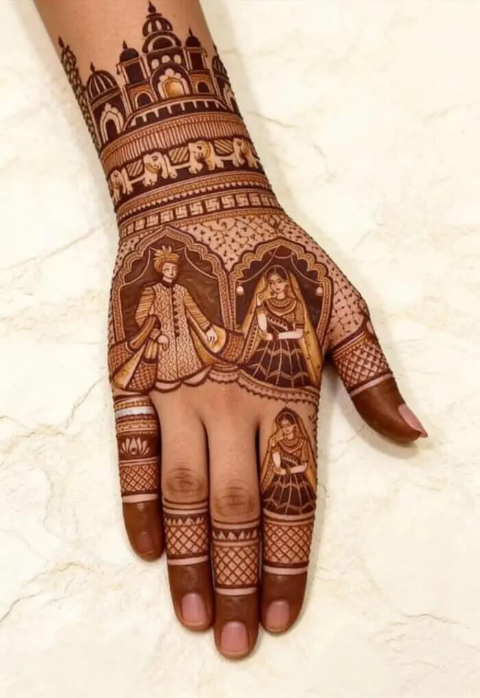 Royal Bridal Mehndi Design with Raja Rani Portrait | Traditional Wedding Henna