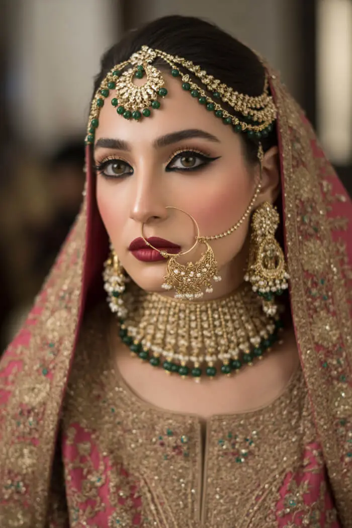 Royal Indian Bridal Makeup with Traditional Gold Jewelry & Nose Ring