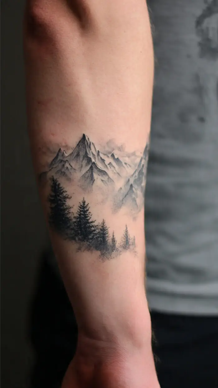 Minimalist Mountain Forest Tattoo on Forearm