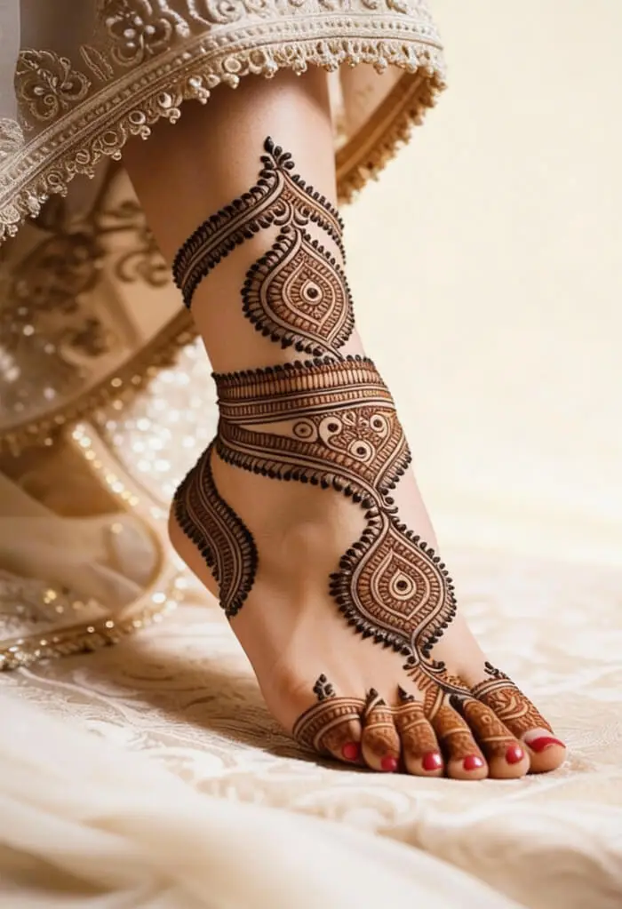 Classic Bridal Foot Mehndi Design with Traditional Anklet Pattern
