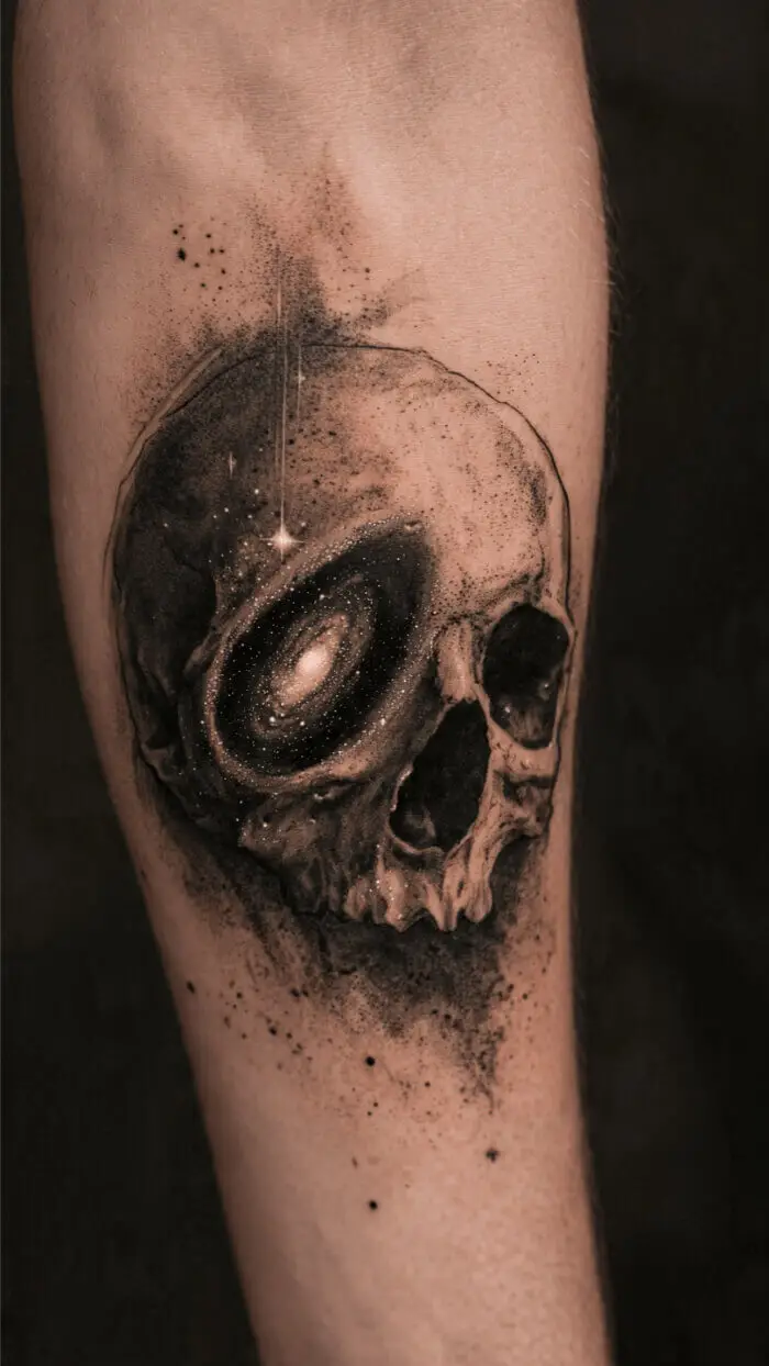 Cosmic Skull Galaxy Tattoo – Dark Space Realism Design