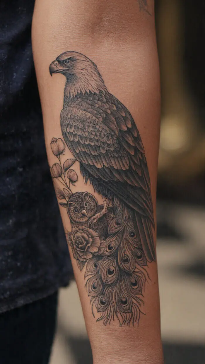 Majestic Eagle Owl Peacock Tattoo Design on Forearm