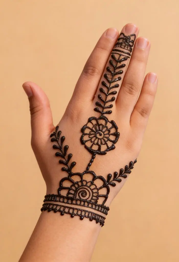 Minimal Floral Back Hand Mehndi Design with Bracelet Pattern