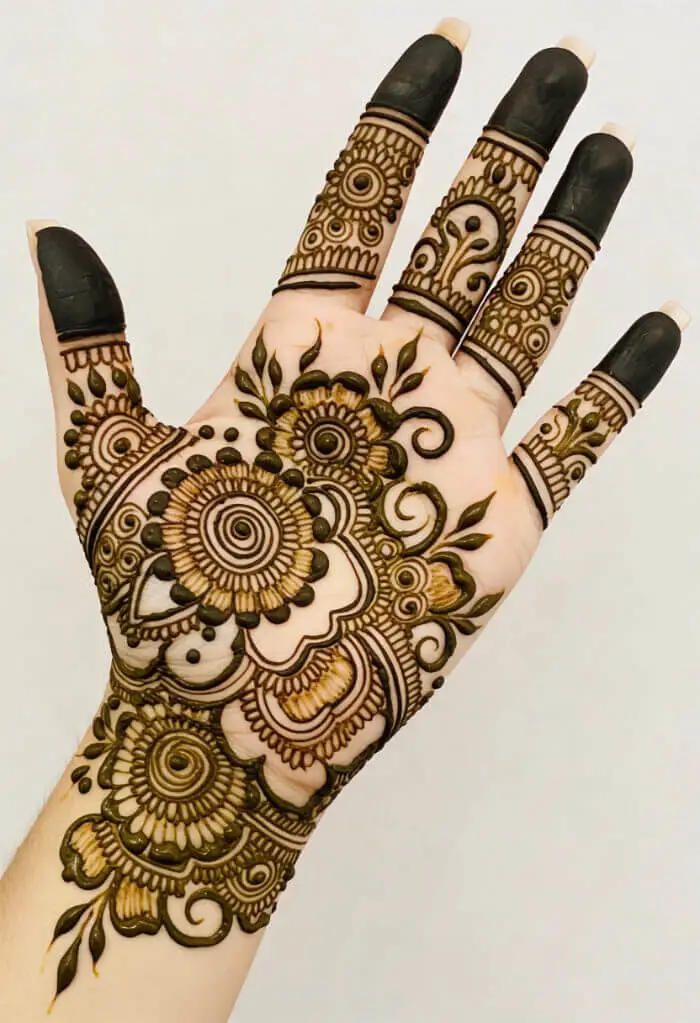 Elegant Floral Palm Hand Bridal Mehndi Design with Dark Fingertips