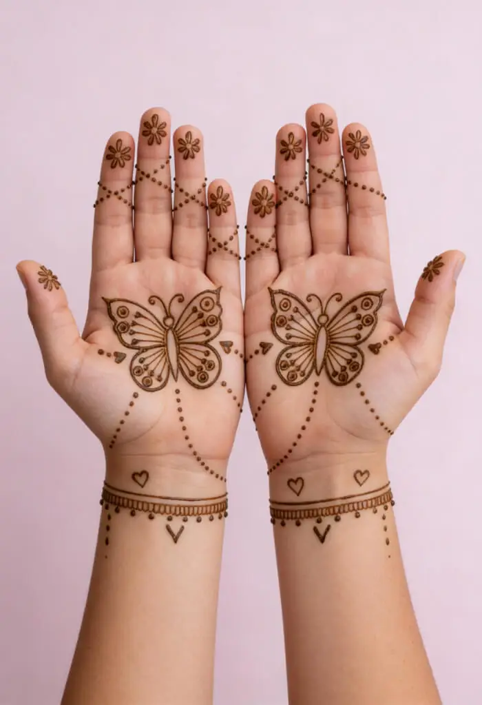 Minimal Butterfly Mehndi Design for Both Hands