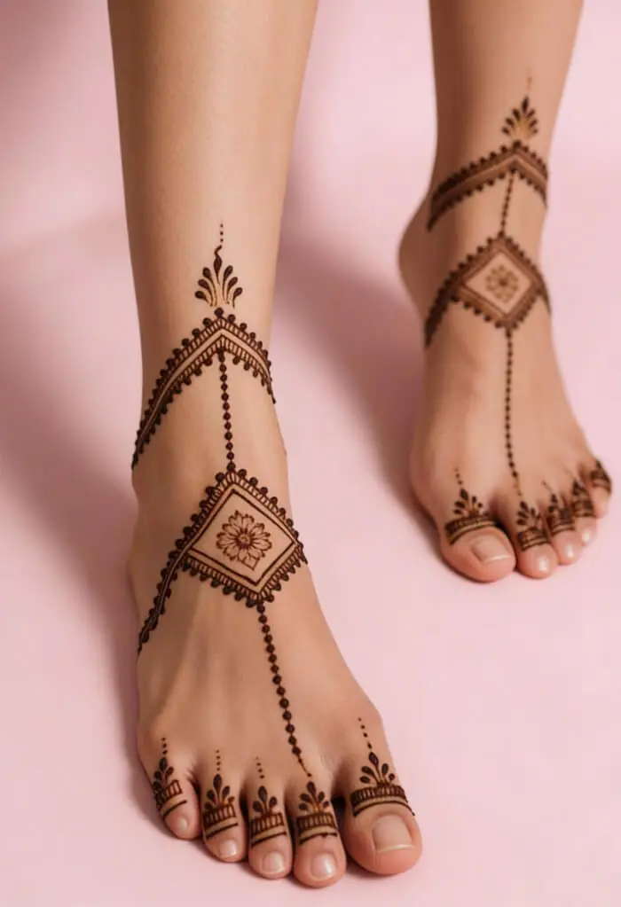 Minimal Geometric Bridal Foot Mehndi Design for Modern Brides
