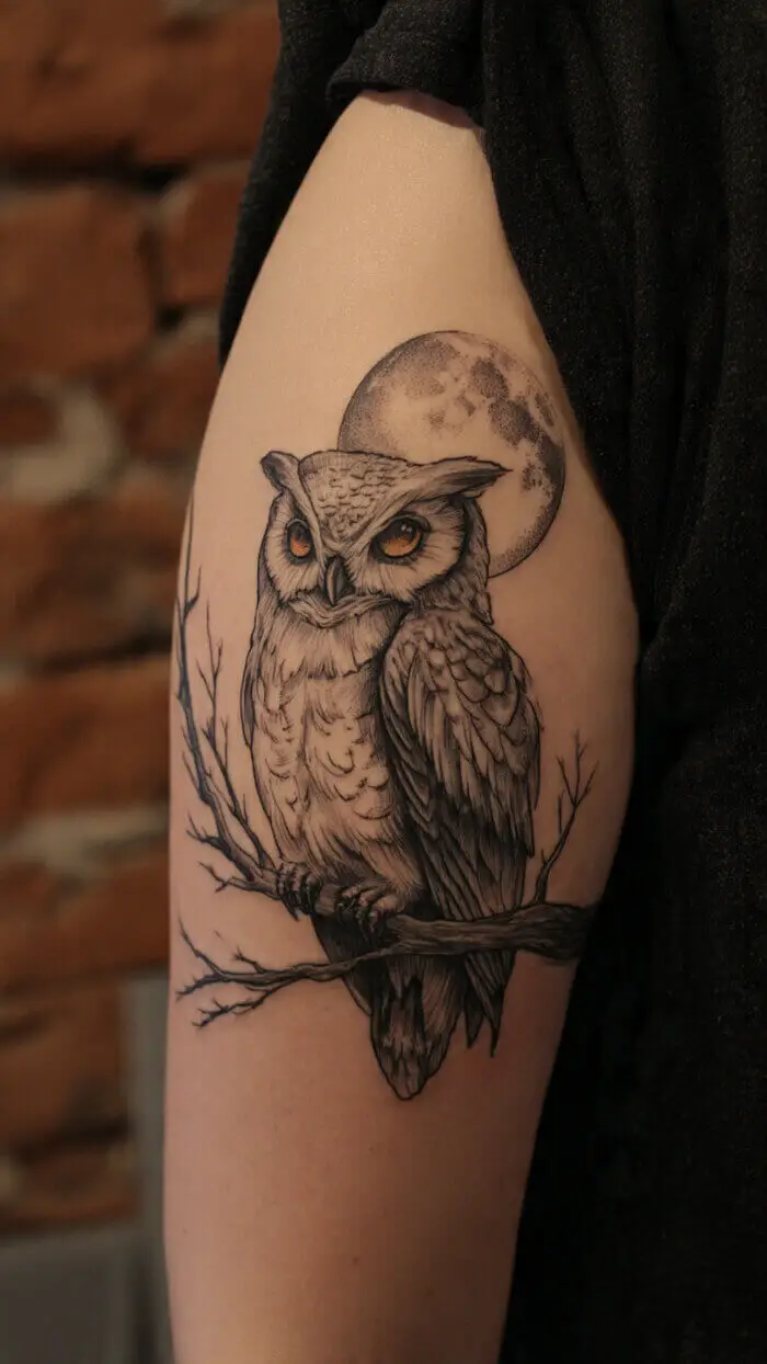 Mystical Owl Moon Tattoo Design with Detailed Line Art