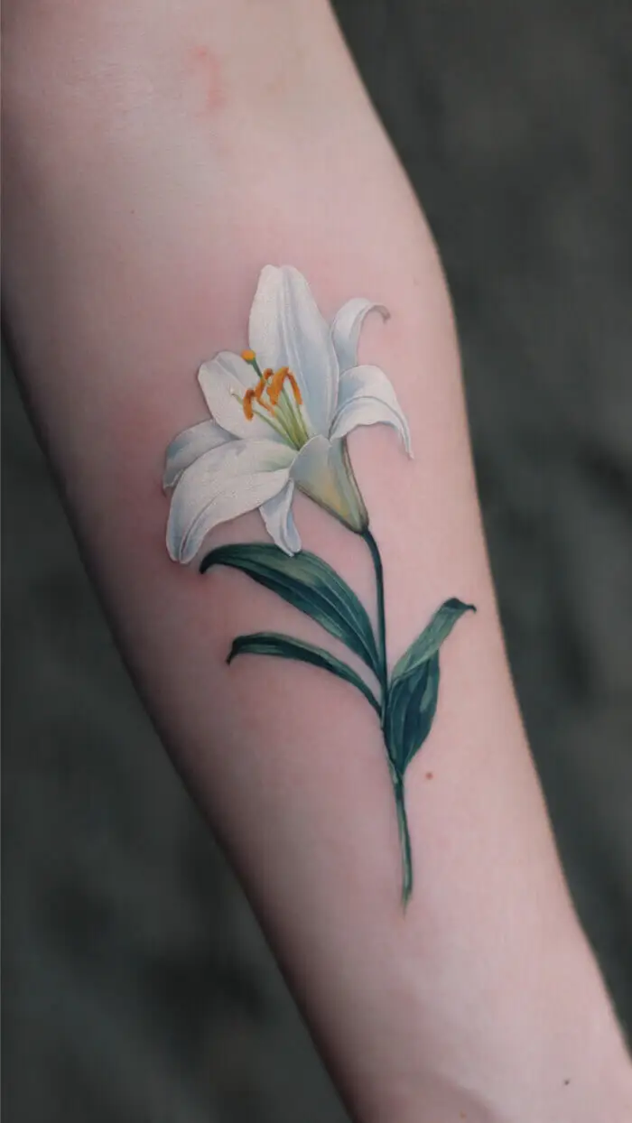 Attractive White Lily Tattoo on Forearm – Elegant Floral Tattoo Design