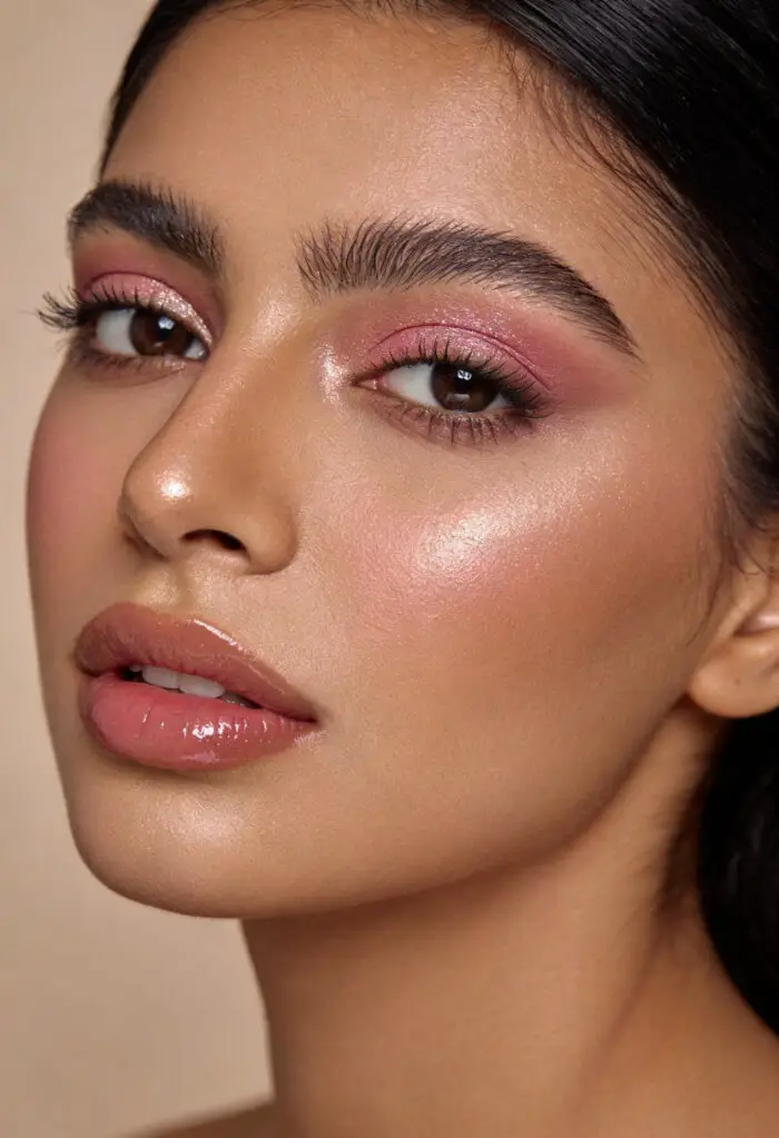 Soft Pink Glow Makeup Look – Dewy Skin, Glossy Lips & Shimmery Rose Eyes