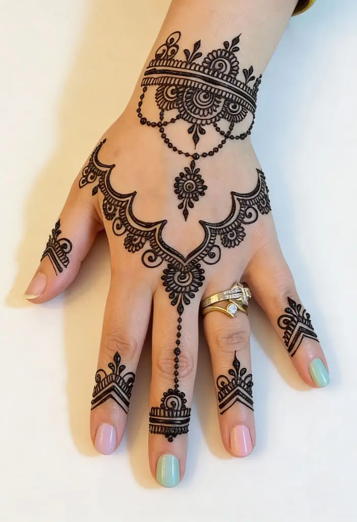 Minimal Arabic Back Hand Mehndi Design with Bracelet Style Pattern