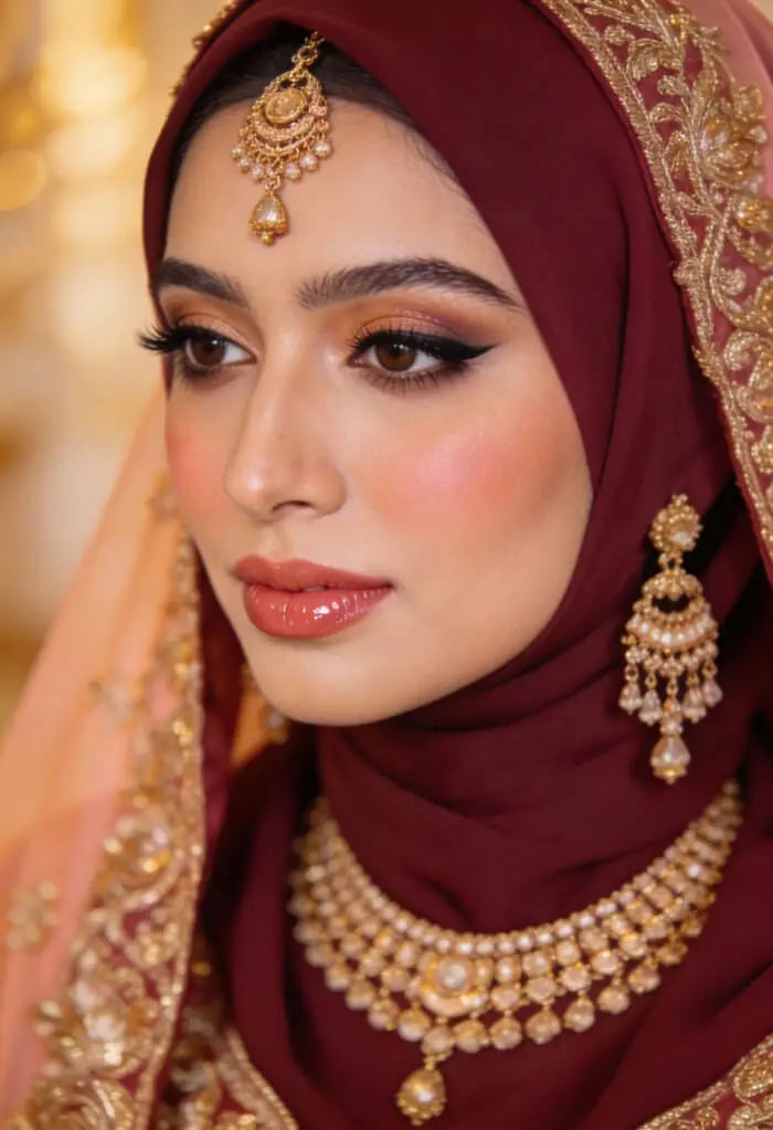 Elegant Bridal Hijab Look with Traditional Gold Jewelry & Soft Glam Makeup