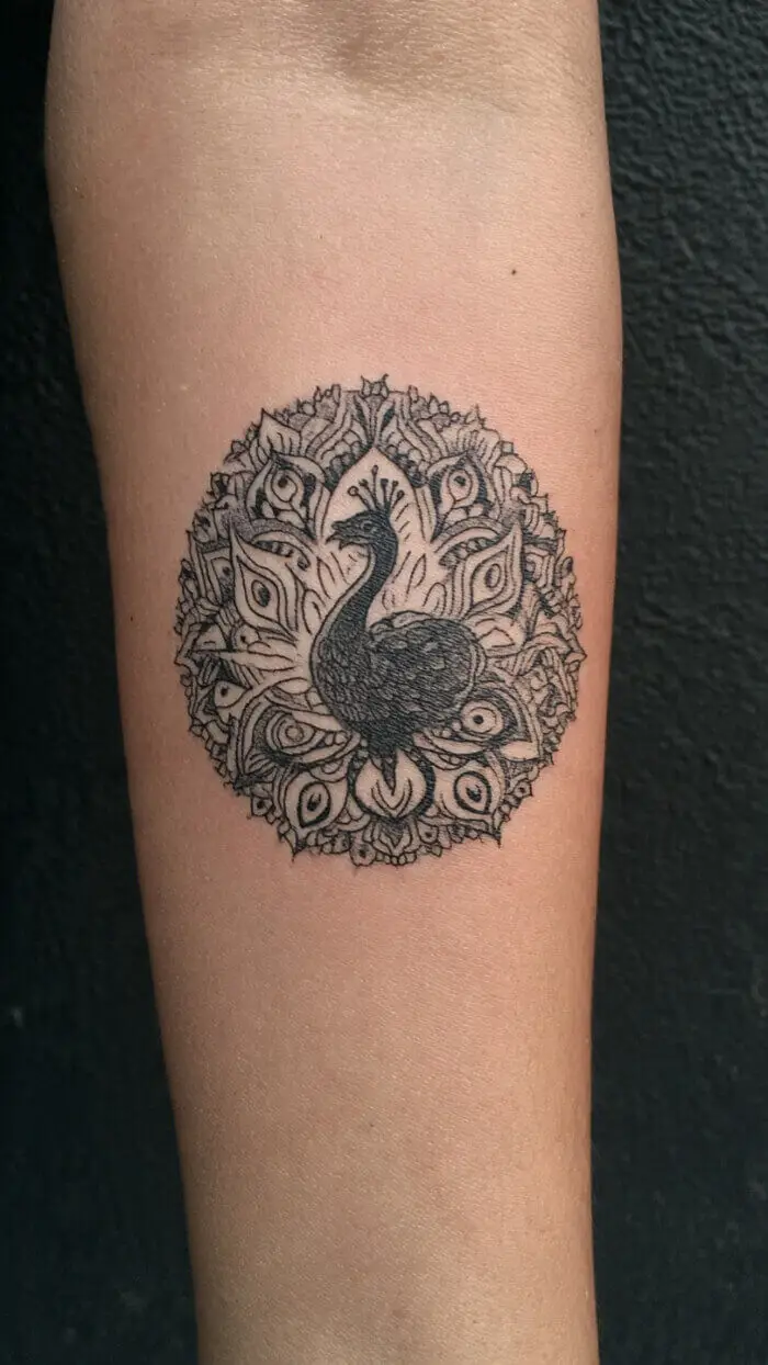 Mandala Peacock Tattoo Design – Elegant Feather Circle Art