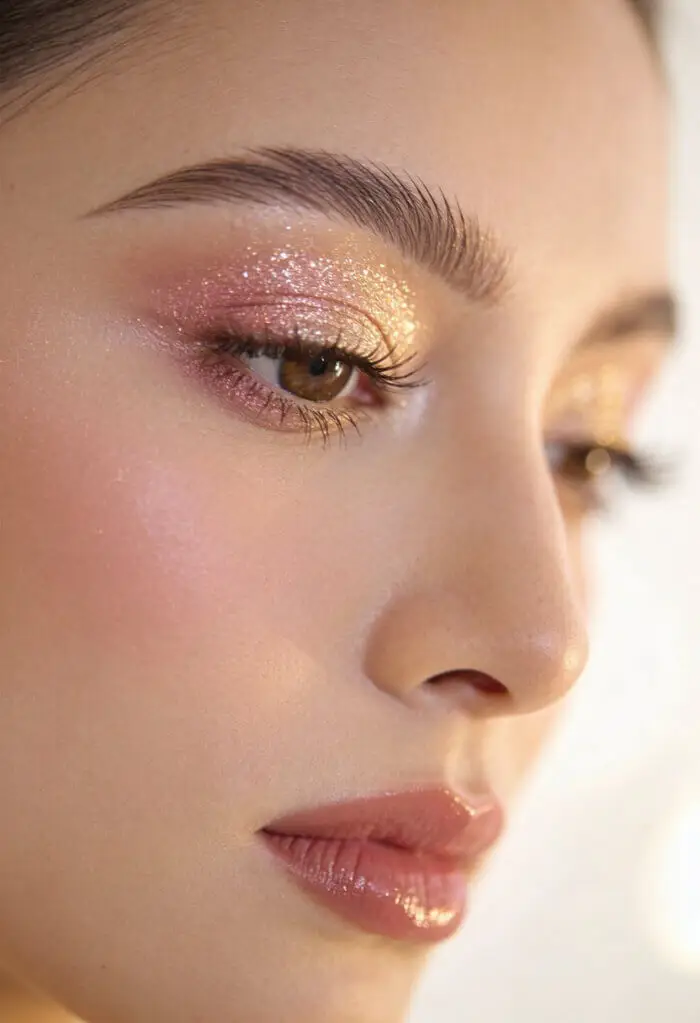 Soft Glam Gold & Pink Glitter Eye Makeup Look for Glowing Skin