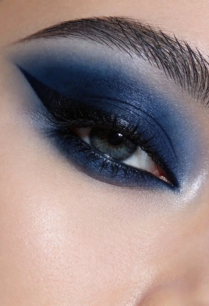 Bold Blue Smokey Eye Makeup Look with Winged Eyeliner