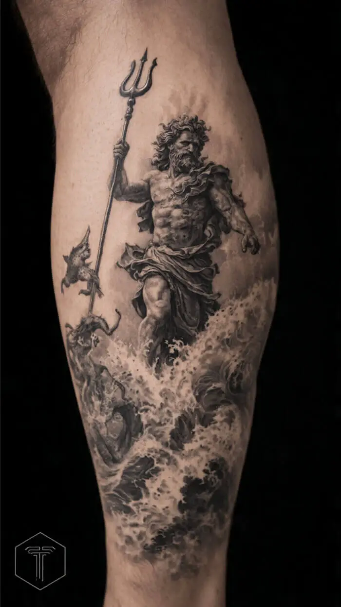 Poseidon Sea God Tattoo – Hyper Realistic Ocean Deity Sleeve Design