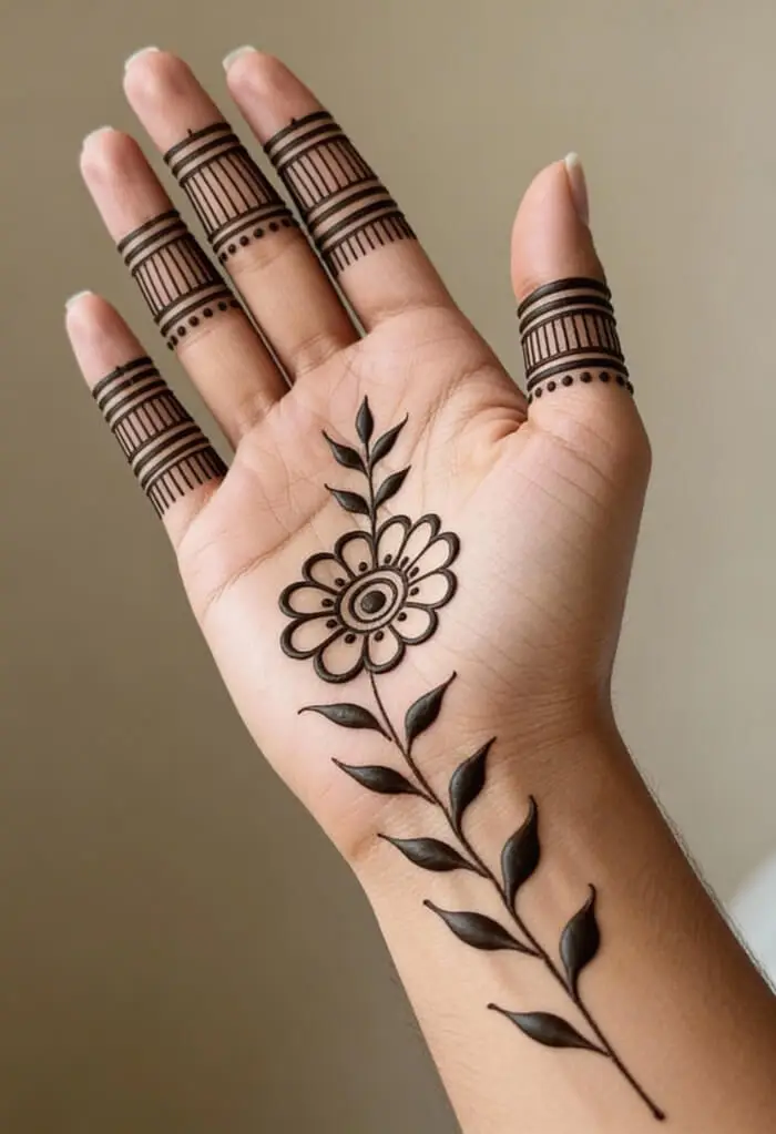 Easy Minimal Floral Palm Mehndi Design with Finger Bands