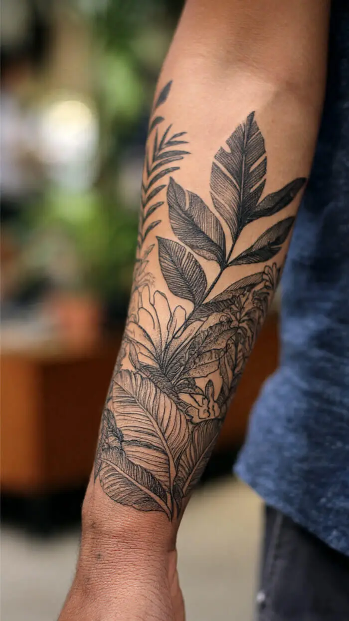 Botanical Leaf Forearm Tattoo – Elegant Black Ink Nature Design