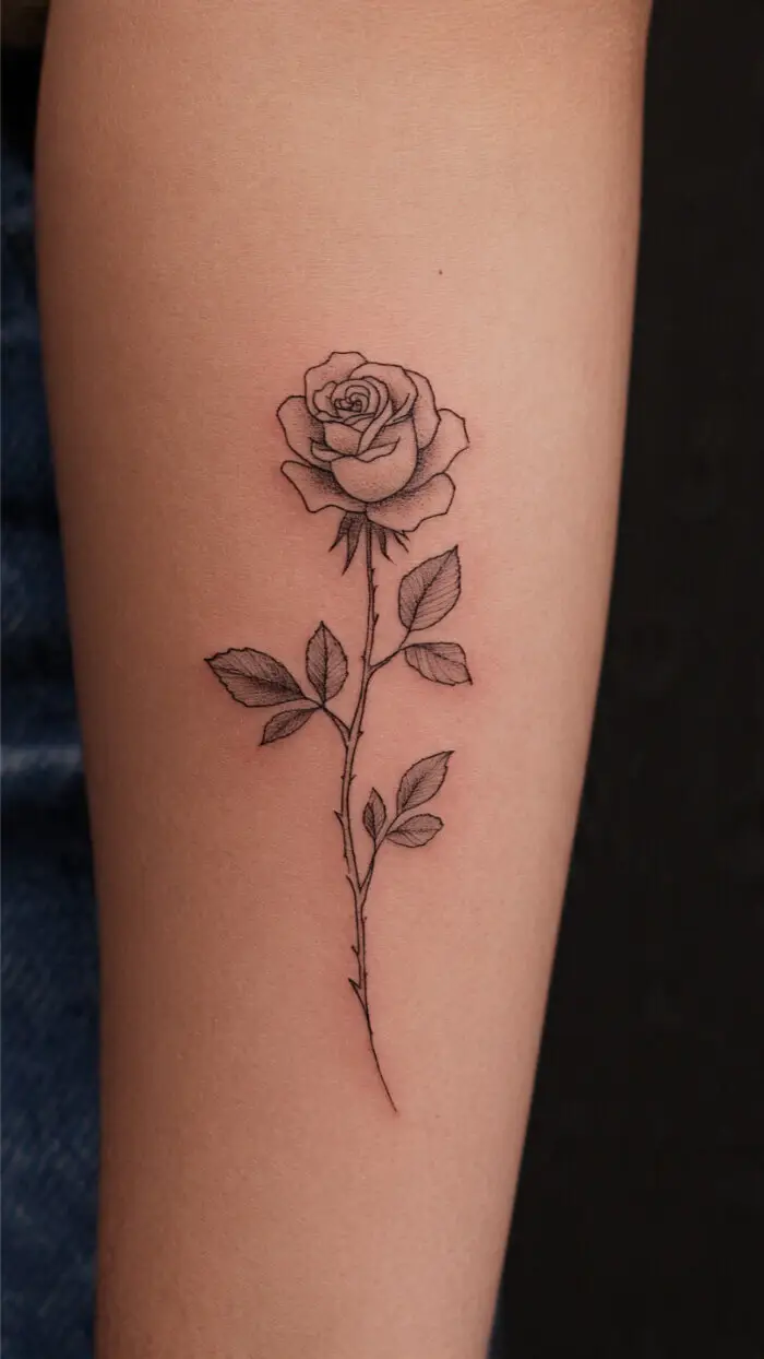 Minimalist Rose Forearm Tattoo – Elegant Fine Line Floral Design