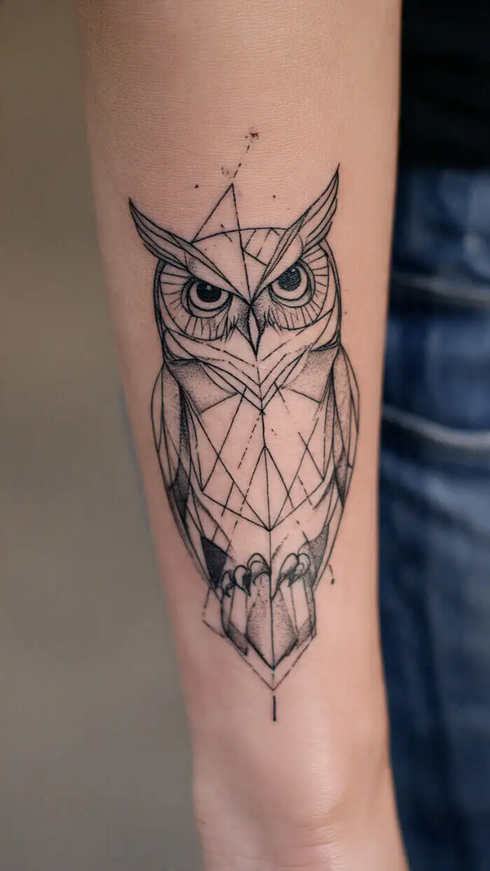 Geometric Owl Tattoo Design – Minimalist Line Art Wisdom Tattoo